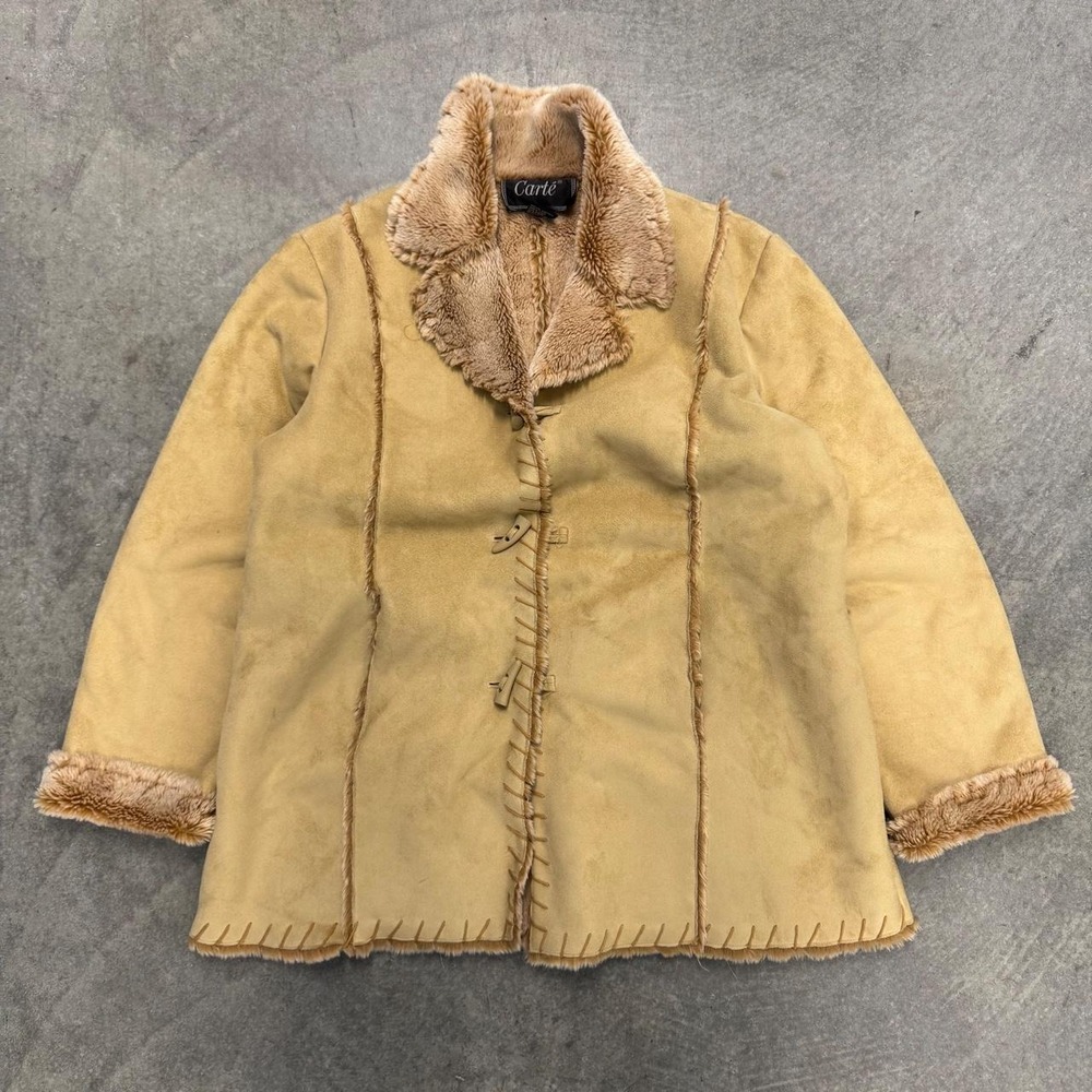 Vintage Women's Faux Suede Shearling Coat Tan Penny Lane Y2K Carte Large